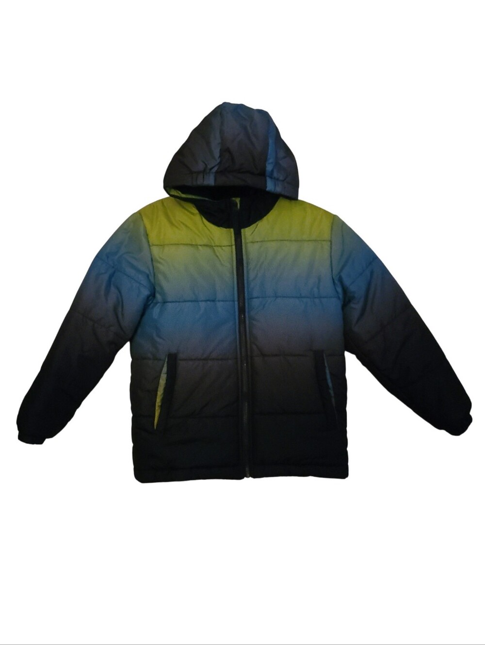 Kids Gradient Puffer Jacket with Hood - Blue / Green / Yellow Boys Sz S / 8